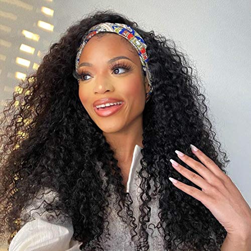 Image of Deep Wave Headband Wig Human Hair 26 inch Glueless Non Lace Front Wig Machine Made Wigs 150% Density Brazilian Wet and Wavy Curly Hair Headband Half Wigs for Black Women Human Hair Natural Color