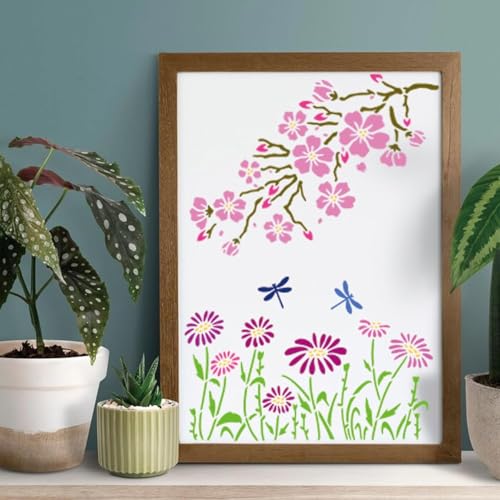 Image of Wildflower Stencils for Painting on Wood, Vine Cherry Blossom Bird Tree Leaf Stencils for Crafts Reusable Wood Burning Drawing Art Paint and Patterns for Wall Cake Cookie (13 Spring A5) (Wild flower)