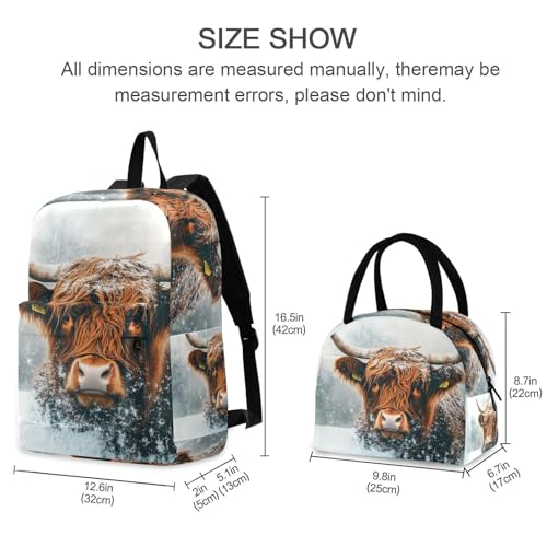 Highland Cattle Winter Print Backpack Set with Lunch Bag, Large Capacity Travel Backpacks and Lunch Box Insulated for Commute Hiking Picnic2