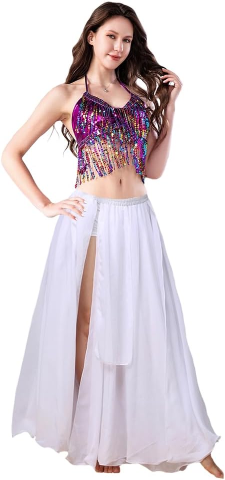 Chiffon Belly Dance Split Skirt for Women Belly Dancing Costume Outfit Tribal Maxi Full Long Skirts Solid Color
