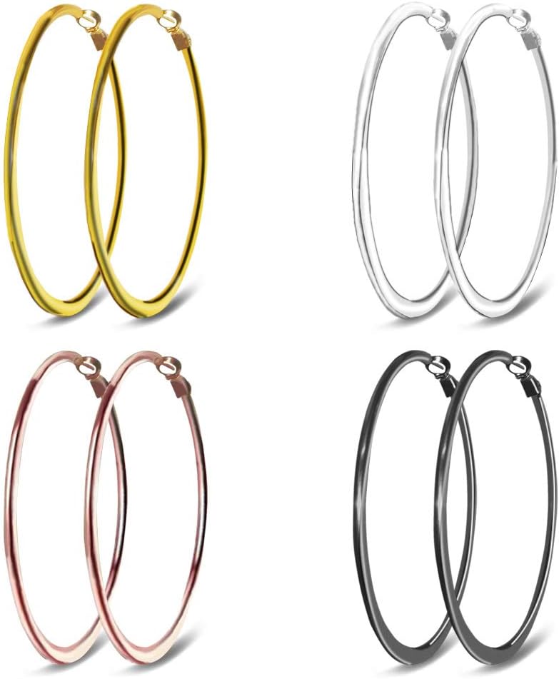 Gold Hoop Earrings Stainless Steel Earrings for Women 2.36" Simple Hoops Flatten 18K Rose Gold Plated Black Silver Earrings for Girls