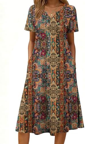 - Summer Dresses for Women 2026 Casual Short Sleeve Aline Midi Dress with Pocket Flowy Pleated Tshirt Beach Sundress