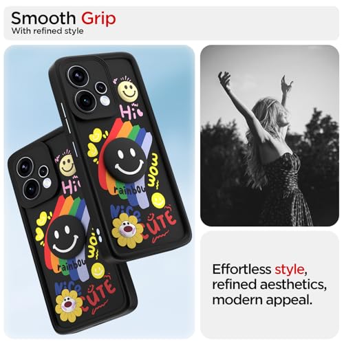Image of Pikkme Back Cover for Oppo Reno 15 5G | Soft Silicone| Cute Rainbow Smile & 3D Cartoon Flower Design | Shockproof Raised Camera Protection Bumper Case (Black)