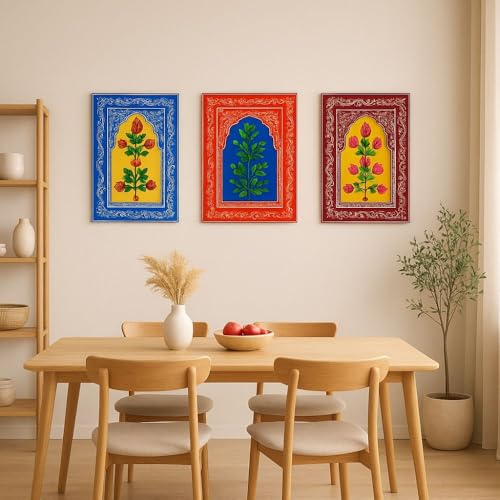 Image of SHREE 'O' GREEN TECH Set Of 3 Handcrafted Wooden Unique Jharokha Wall Hanging Multicolor Rajasthani Window Frame for Home, Living Room, Bedroom & Office Decor (9x15 Inch)
