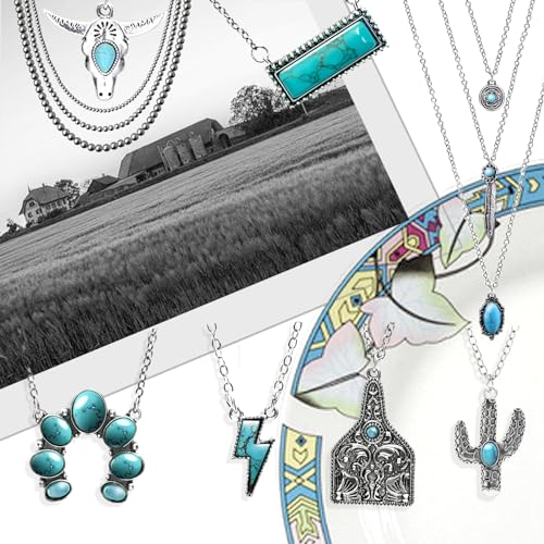 8 Pcs Western Jewelry for Women with Navajo Pearl Necklace, Turquoise Pendant Necklace in Different Themes, Boho Country Western Jewelry Set for Cowgirls3