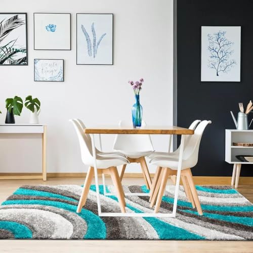 Image of Soft Shaggy Carpet 8x10 Feet - Ultra Plush, Non-Slip, High Pile 2 Inch Microfiber Rug for Bedroom, Living Room, Kids Room & Office - Modern Cozy Floor D�cor (Turquoise Silver C)