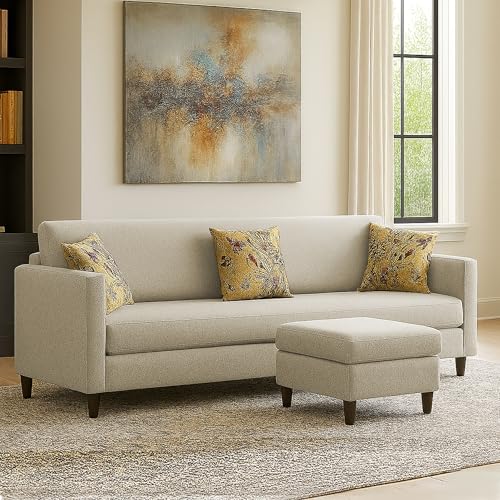 Image of Casaliving Premium Lifestyle Fabric 4 Seater L Shape Sofa Set 3 Seater Modern Sofa Set & Ottoman for Living Room (Cream Color) Premium Fabric