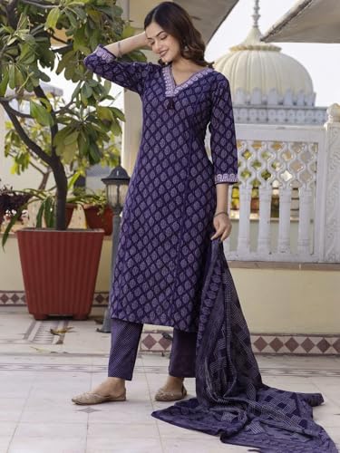 Image of PARTHVI|Women's Pure Cotton Printed with Handwork Kurta with Pants and Dupatta Set | Ethnic Set | Suit Set | Kurta Set | Wedding Suit Set