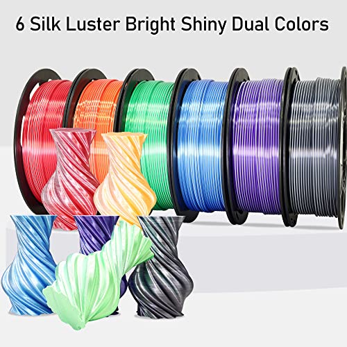 Image of MIKA3D Dual Color 1.75mm 3D Printer Filament Bundle, Silk PLA 6 Spools Pack - White Red, Orange, Green, Blue, Purple, Black - 3D Printing PLA 250g X 6 Spools