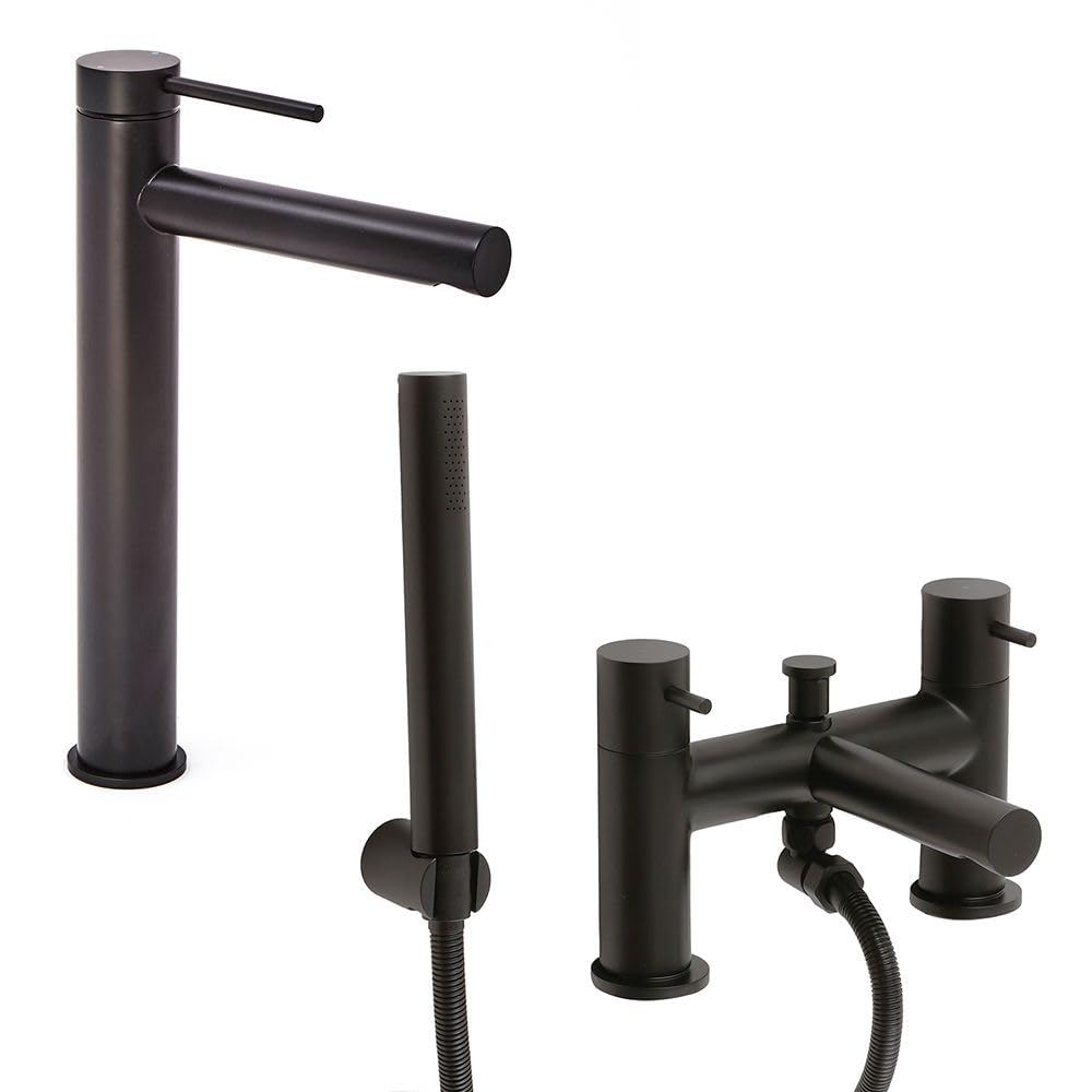 Milano Black Otto High Rise Mono Bathroom Basin Mixer Tap Bath Tap Hand Shower