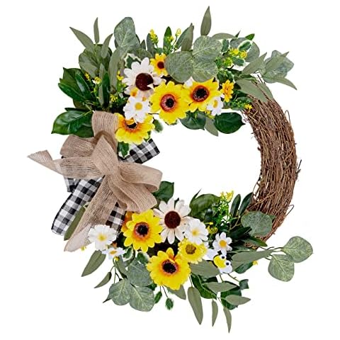 Summer Wreaths for Front Door, Artificial Sunflower Wreath for Spring Summer,Summer Wreath with Double Handmade Bow, Home Porch Farmhouse Door Wall Window Party Decoration Cover