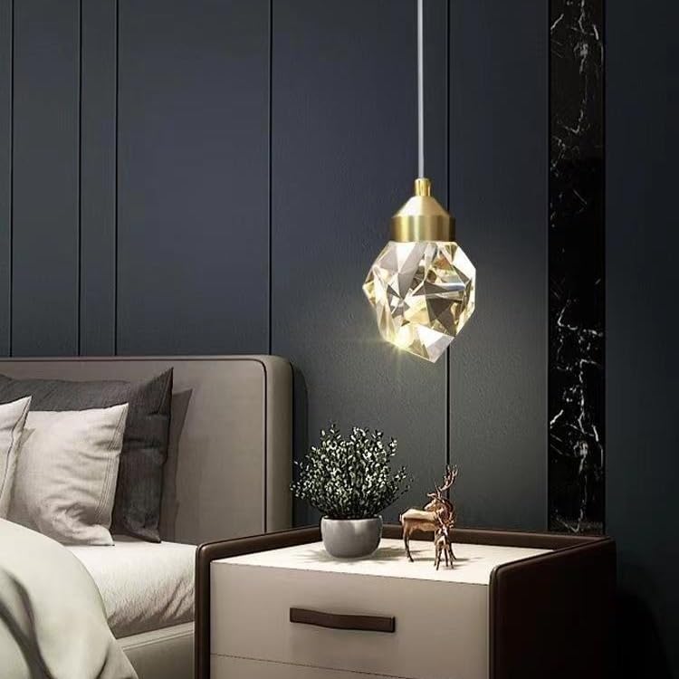 Nowoczesna prosta sypialnia wisząca lampa 4,7 cala kryształowy abażur przezroczysty romb lampa wisząca LED ciepłe światło lampka nocna lampa wisząca do przedpokoju do nauki