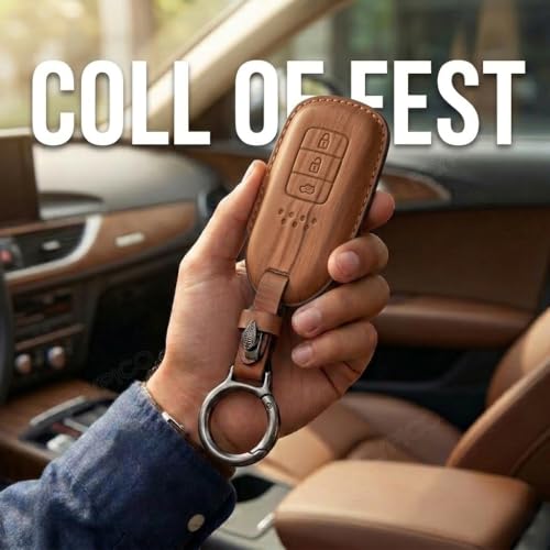 Image of Wooden PU Leather Key Cover Compatible with Honda BRV, WRV, CRV, Jazz, City 2 ButtonSmart Key Stylish & Durable Protection