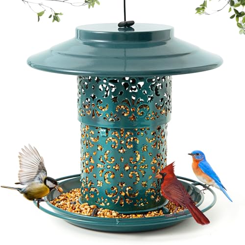Godinsky Metal Bird Feeders for Outdoors Hanging, Weather Resistant Wild Bird Feeder with 360 Degree Feeding Tray (Green)