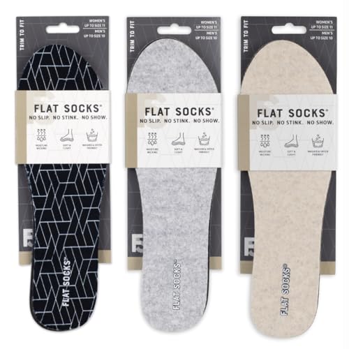 FLAT SOCKS 3 Pack Washable No Show Sockless Shoe Liners, Barefoot Show Inserts for Women and Men, Non Slip, Odor Control, Black, Light Heather Grey, Sand (Small)