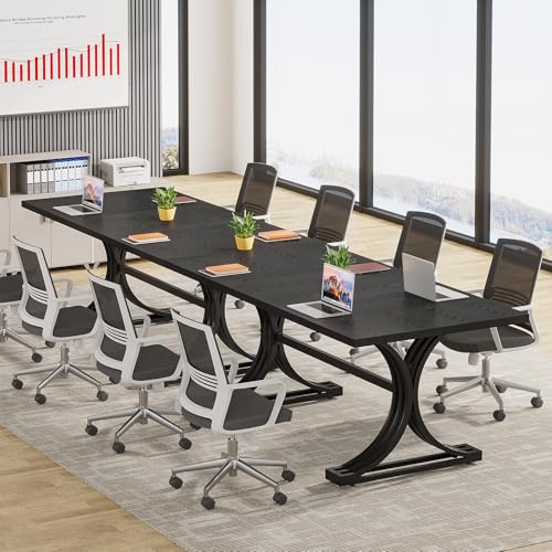 Tribesigns 10.5FT Conference Table, Modern Meeting Table for 8-10 People, Rectangle Seminar Boardroom Table for Office Conference Room with Stylish Legs (2, Black)