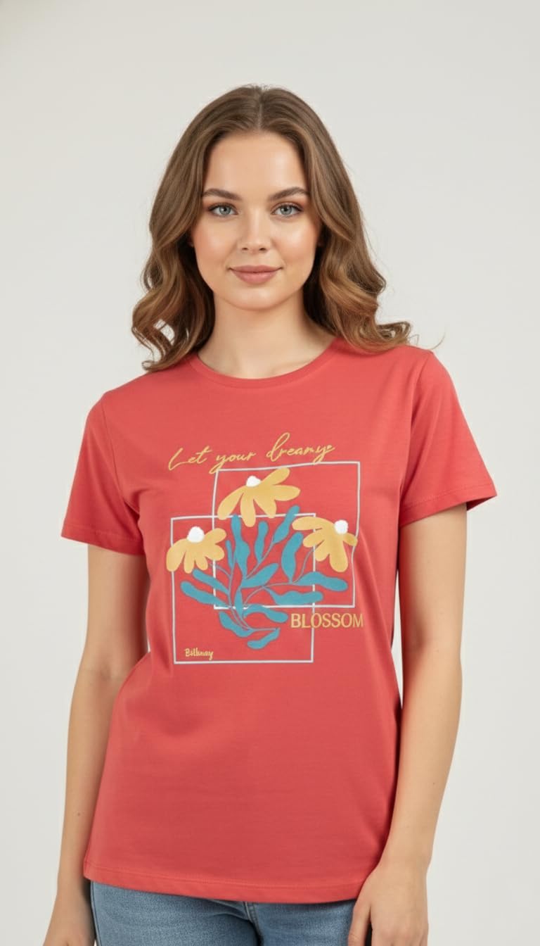 bilbury Women's Graphic T-Shirt, Short Sleeve, Botanical Print with Text, Round Neck, Casual Wear-picture-20