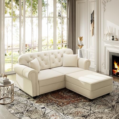 Image of KEIKI 63 inch Velvet Chesterfield Sofa with Rolled Arms & Nailhead Trim & 1 Ottoman, Modern 2-Seater Button Tufted Couch with High Resilience Cushion & 2 Pillow, Easy Assembly, for Living Room, White