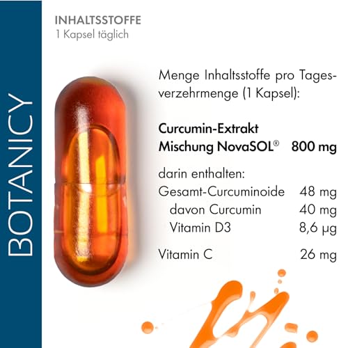 BOTANICY Curcuma forte - 30 Kurkuma Kapseln - Flüssiges NovaSOL Curcumin plus Vitamine C und D - Hochdosiert, Hohe Bioverfügbarkeit, Ohne Piperin - Laborgeprüft in Deutschland