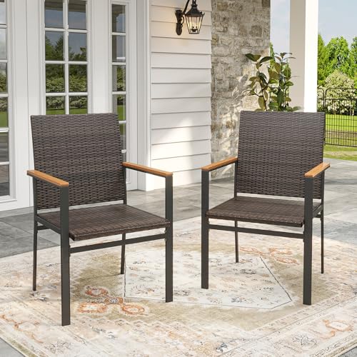 Image of VICLLAX Patio Dining Chairs Set of 2, Premium All-Weather Outdoor Wicker Chair with Sturdy Iron Frame and Wood Pads Stylish Patio Seating, Brown Rattan