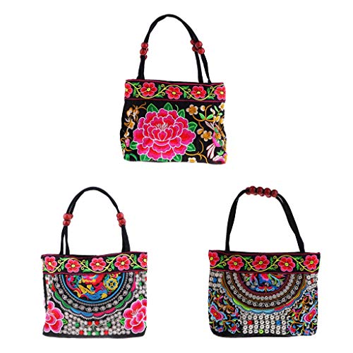 yotijar 3x Bolsa de Flores Bordada Multicolorida com Contas de Madeira Bolsa de Praia para Telefone