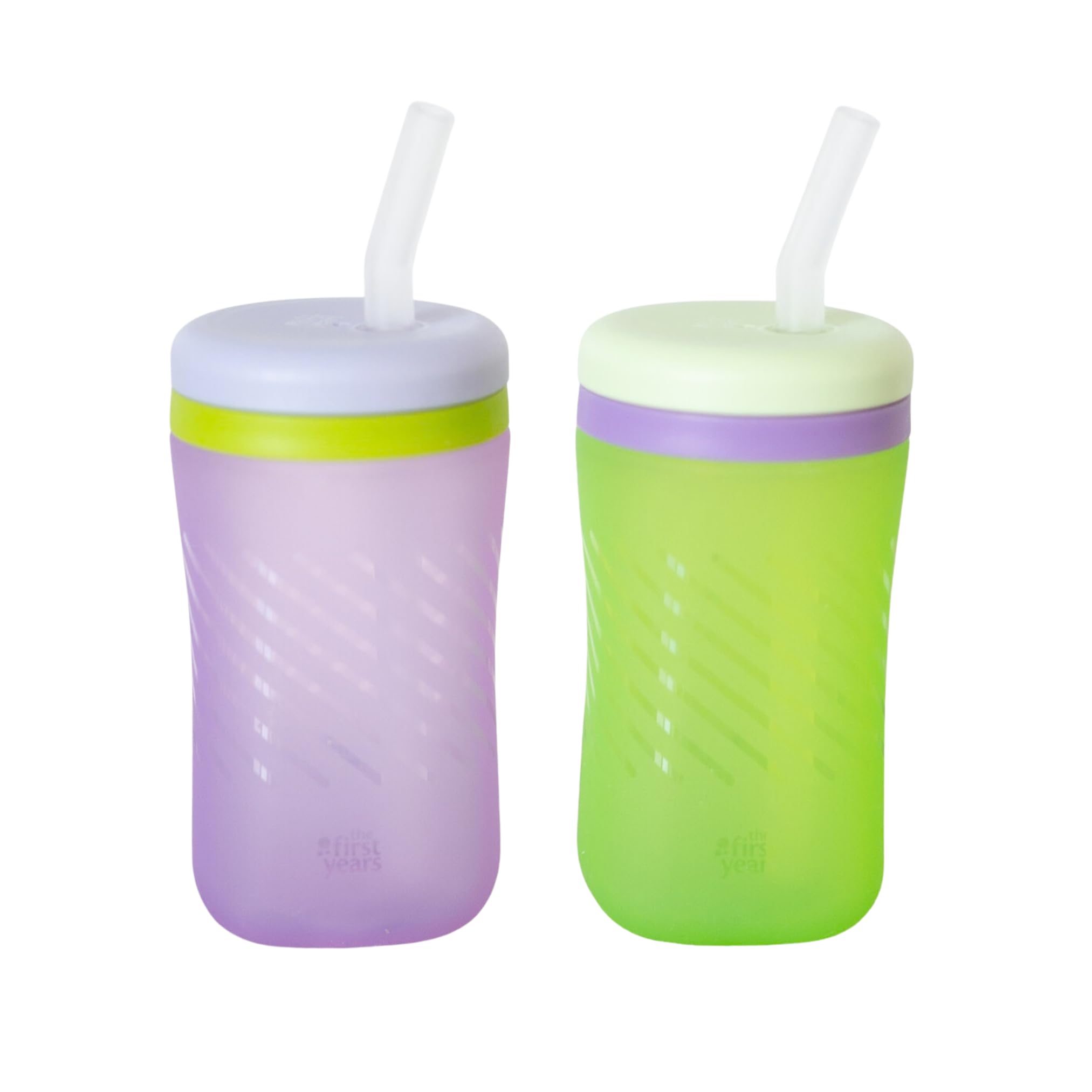 The First Years Silicone Squeeze & Sip Straw Cup - Spill-Proof Toddler Training Cups - Dishwasher Safe - Green and Purple - 7 oz - 2 Count - Ages 6
