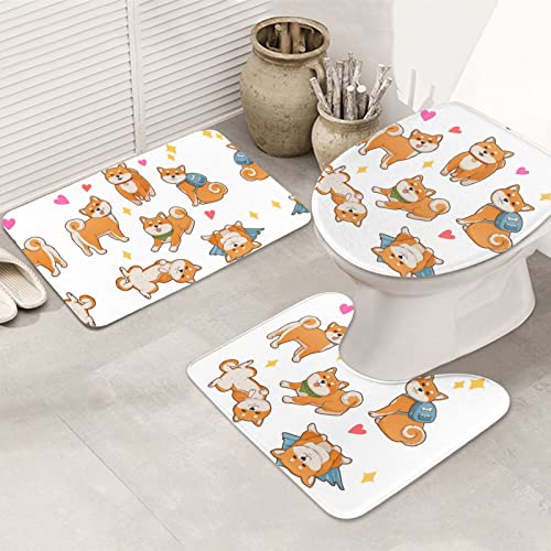 Cute Shiba Inu Dog Print Rug Mats Pads Badematte Badteppich Set 3 Stück + Konturteppich + Toilettendeckelbezug