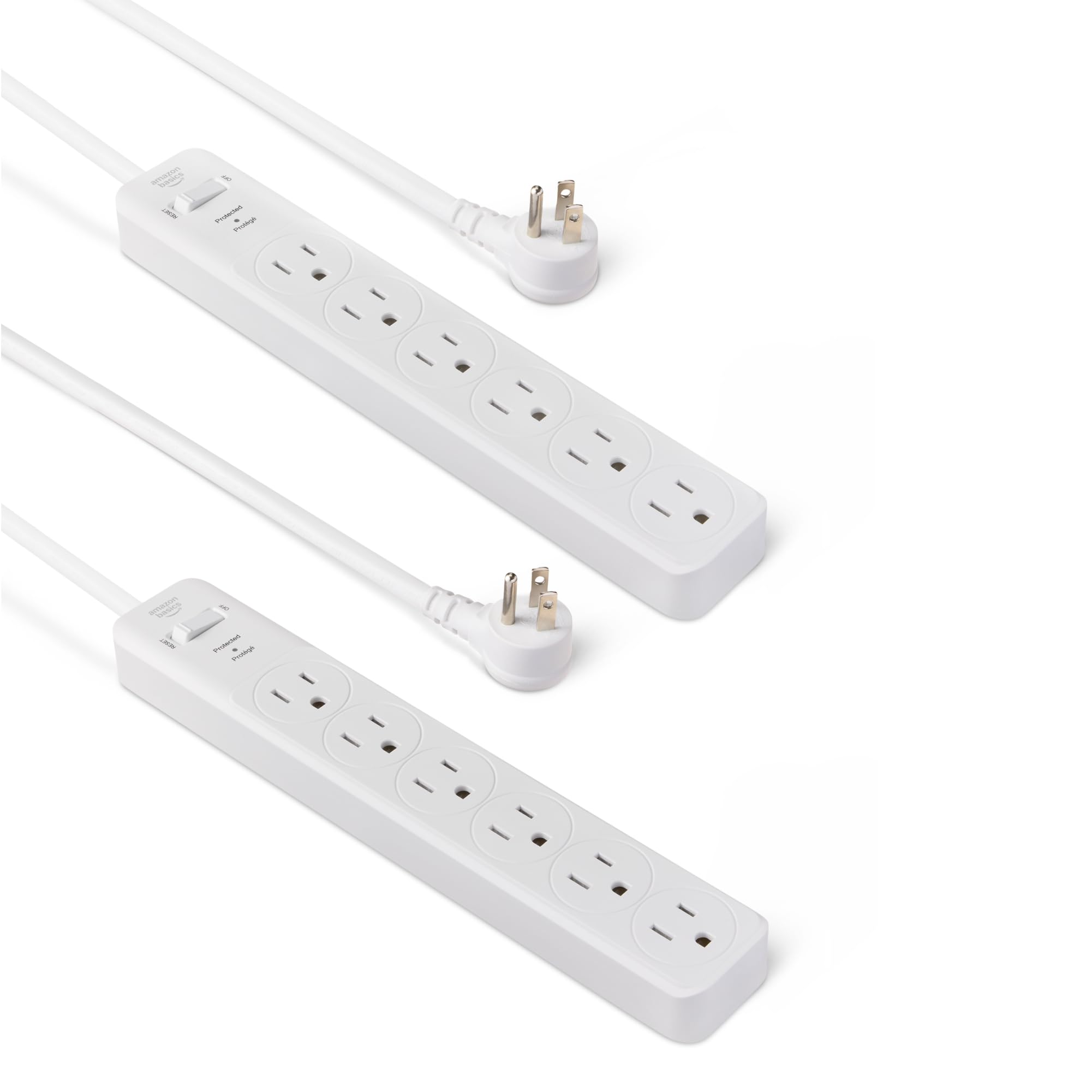 Amazon Basics Rectangle 6-Outlet, 600 Joule Surge Protector Power Strip, 2ft, Small, White, 2-Pack