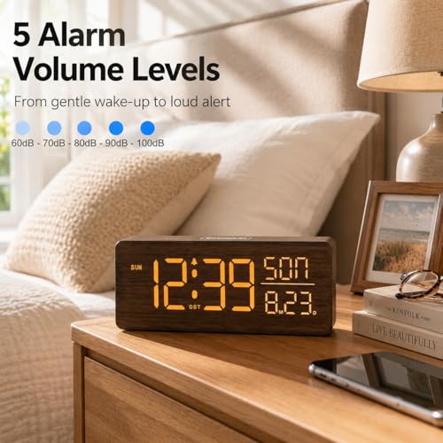 Image of Peakeep Wooden Digital Alarm Clock Large Display, Textured Decoration | for Bedroom Living Room Desk Table, Electric Plug-in Clock Battery Backup with Time Date Day, 5 Brightness, Auto DST
