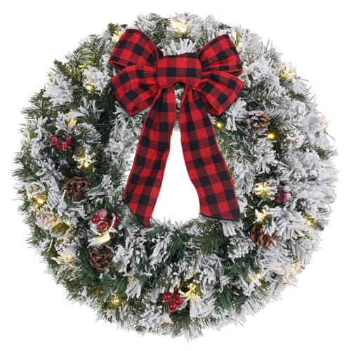 Christmas Wreaths for Front Door, DECSPAS 24 Inch 2 FT Prelit Snowy...