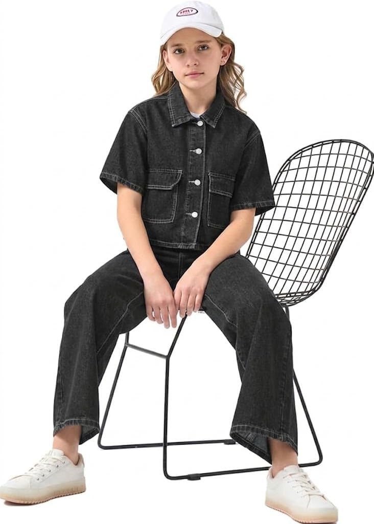 Girls 2-Piece Denim Set, 90s Vintage Short Sleeve Jacket & Straight-Leg Pants, Classic Casual School Outfit 8-12Y