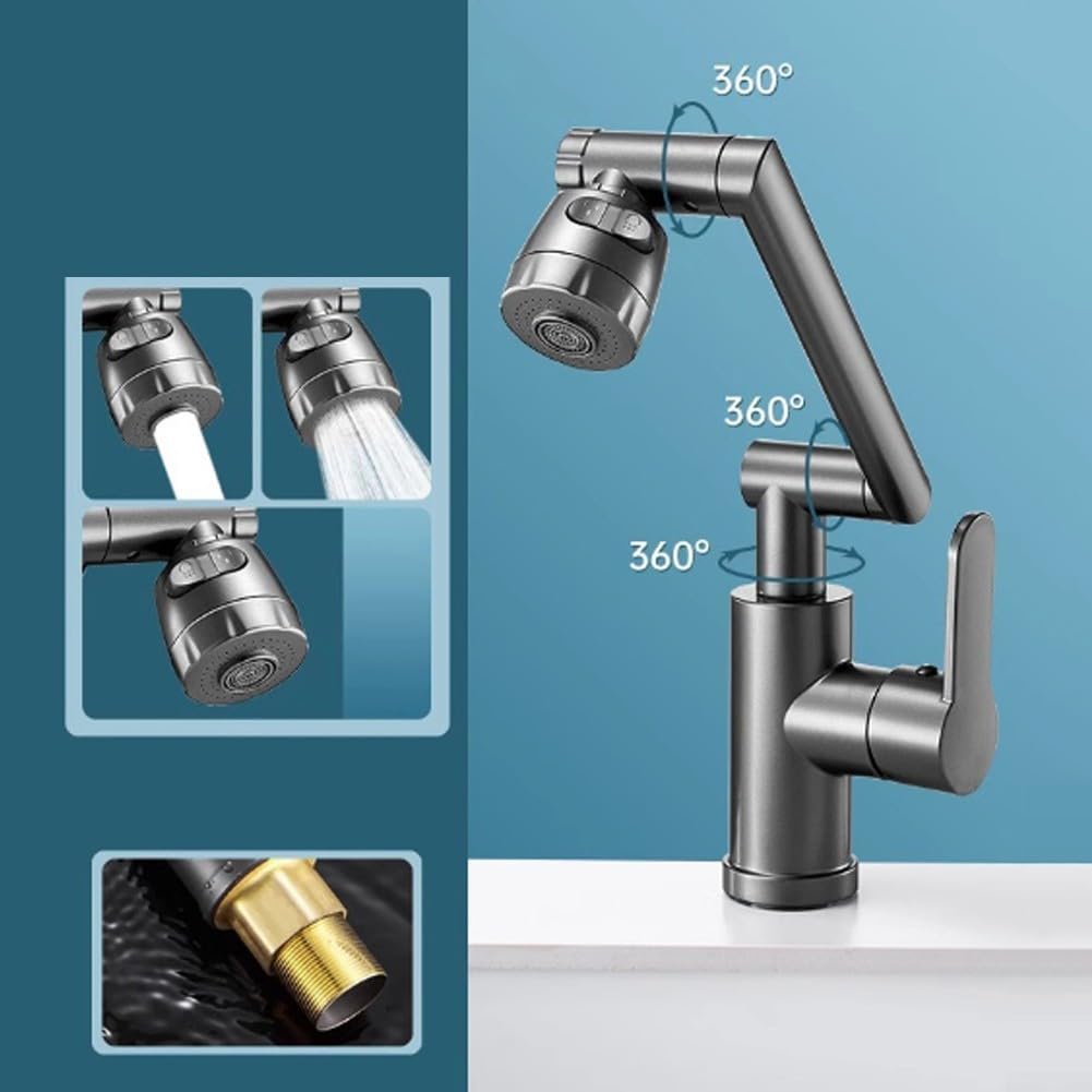 QTANZIQI Aerator z obrotową przedłużką 1080°, 10-trybowa głowica prysznicowa o mocnym przepływie, dwukierunkowy perlator kranu oszczędzającego wodę do zlewu kuchennego w łazience (szary)