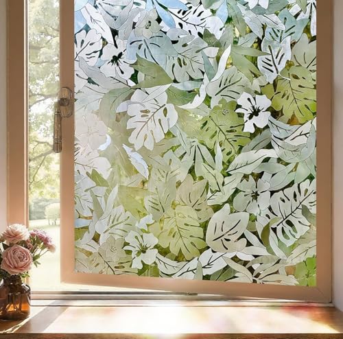 Image of HOME13 Window Privacy Film Frosted Glass Film Decorative Window Sticker Removable Window Film Home Office Privacy Film Window Coverings (Palm Leaves, 2 Feet by 12 Feet)