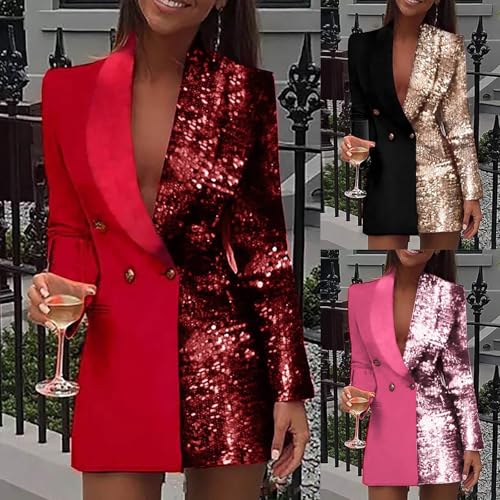 HGps8w Double Breasted Sequins Blazer Dress for Women Sexy Colorblock Long Blazers Jackets Formal Evening Party Club Outfit2