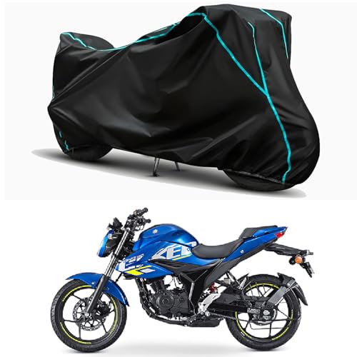 Image of Waterproof Bike Body Cover Compatible for | Suzuki Gixxer | Taffeta Fabric, Sky Piping Design, Bottom Elastic Fit | Dustproof, Sun UV & Rain Protection for All Weather.