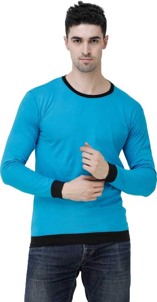 Diwazzo Solid Men Round Neck Light Blue Cotton T-Shirt