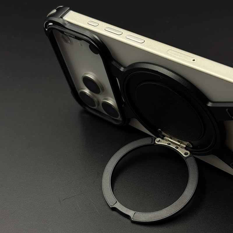 Image of X Shaped Frameless Metal Bumper Compatible with iPhone 17 Pro with 360 Rotate Ring Kickstand | Luxury Aluminum Armor Case | Super Slim Metal - Black