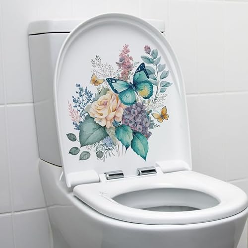 WC Aufkleber, Pfingstrose Schmetterlinge Badezimmer WC Sitz Deckel Abdeckung Abziehbilder Wasserdicht Selbstklebend Wandaufkleber Deckel Abziehbilder für Badezimmer Zubehör