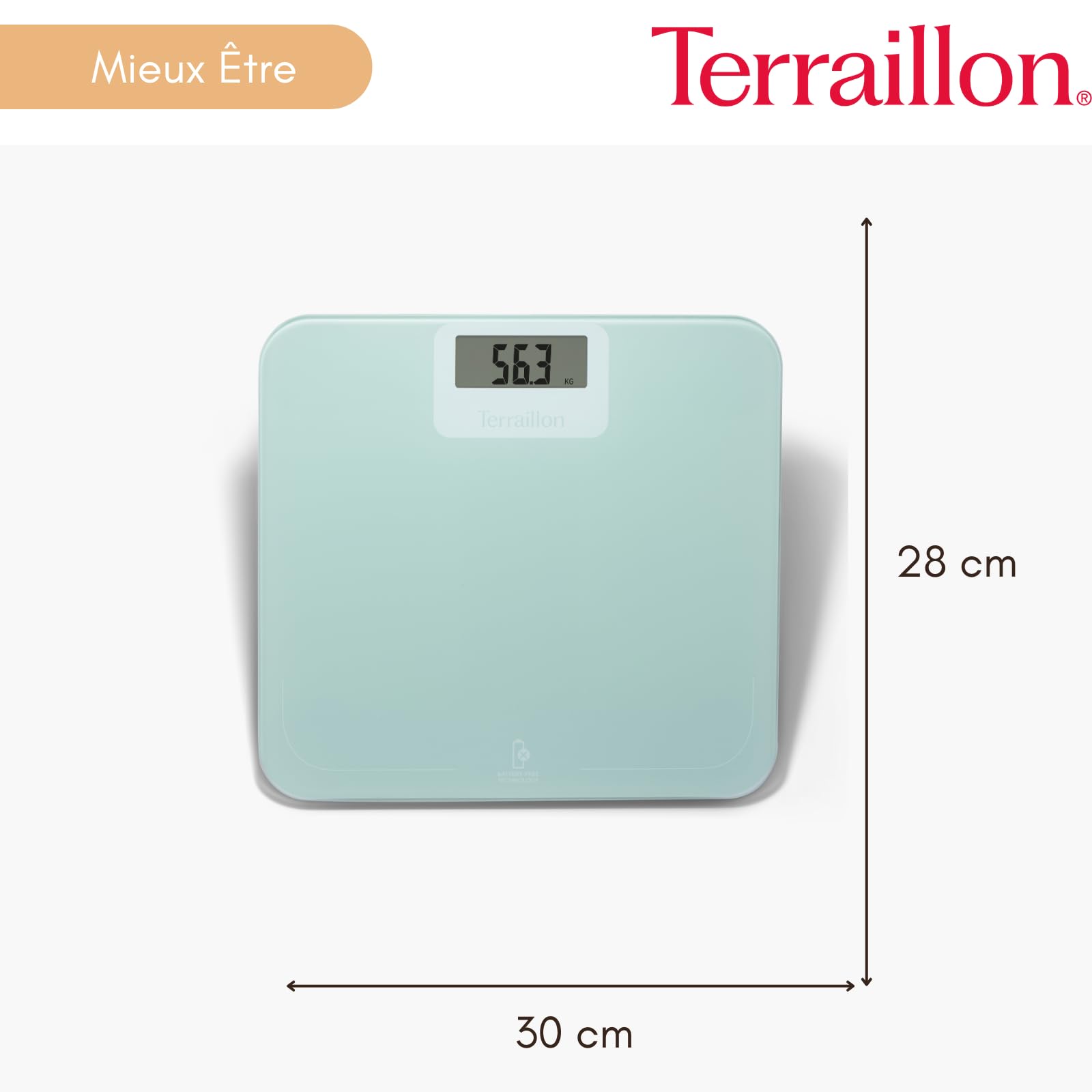TERRAILLON Balance Pese Personne sans pile ni batterie POWER FREE | Ecologique, Energie par Dynamo, Capacité 180 Kg, Graduation 100g, Ecran LCD, Plateau 30x28 cm en verre, Emballage recyclé