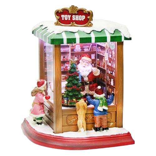 MOMENTS IN TIME Lighted Santa’s Toy Shop Christmas Village LED Lights, Music & Animation Battery Operated 8.8” Holiday Building Gift Ready Christmas Decoration