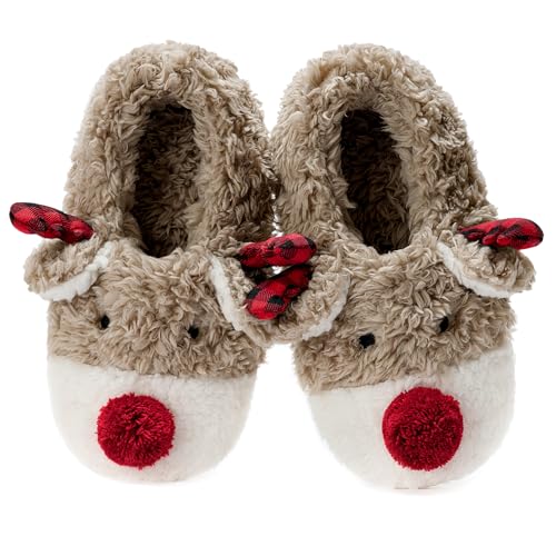 Hygknixx Reindeer Slippers for Big Kids and Teens Cute Fuzzy Animal Soft Sole Plush Non-Slip Indoor Christmas Slippers Winter Style Size 4-6
