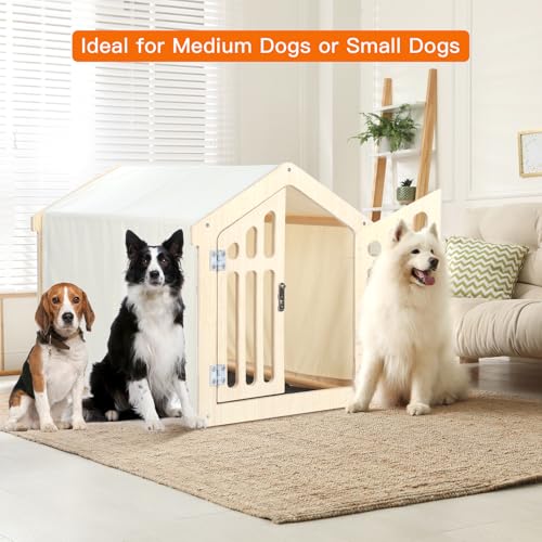 Dog House Indoor for Small Dogs & Medium Dogs 30”Lx21”Wx24”H, Wooden Board & Oxford Fabric & Felt Mat, Lockable Door, Easy Assembly, Wooden Color - Image 3