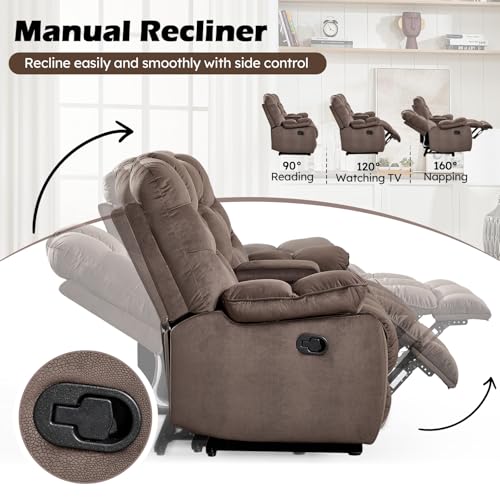 Image of Manual Reclining Loveseat Sofa for Living Room, 77 inch Wide Overstuffed 2-Seater Recliner Couch with Cup Holders & Storage Console, Brown