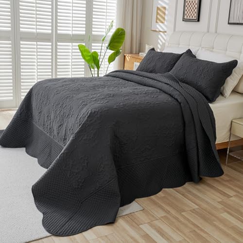 Image of EVENHUG Oversized King Bedspreads California King Quilt Set with Pillow Shams Extra Wide Large King Size Quilts Lightweight Coverlet Bedding Sets Dark Grey 120 inchx128 inch