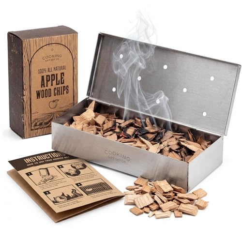 BBQ Smoker Box Kit – Stainless Steel Smoker with Hinged Lid, Apple Wood Chips, Hickory Salt – Grilling Accessories and Grilling Gifts for Men – Great Birthday Gifts for Men Who Love to BBQ