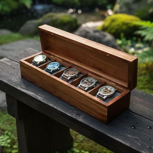 Premium Wooden Watch Box Organizer – 5 Slot Luxury Display Case with Lid and Soft Cushions for Men & Women’s Watches – Handmade Storage Holder for Collectors and Gifting