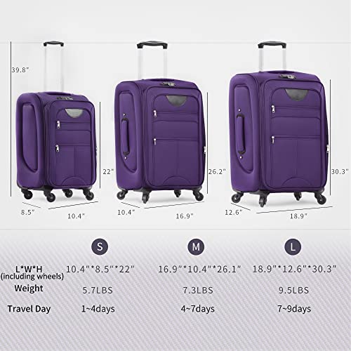 Merax Luggage Set, Softside Suitcase 3 Piece, Expandable Lightweight Luggage Sets with Duffel Bag 22" 26" 30" Suitcase with Wheels TSA Lock,Purple2