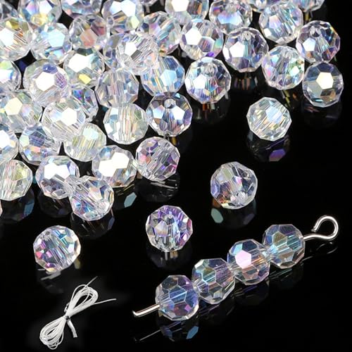 Altaroo 100 Stück Glasperlen zum Auffädeln 8mm, Kristall Perlen Groß, Glänzend Mit Elastischem Seil 2m, Glasperlen für Armbänder, Halskette, Ohrringe, Windspiele