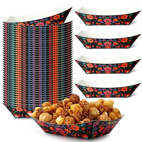 Gejoy 100 Pcs Mexican Paper Food Trays 2 lb Nacho Disposable Trays Mexican Theme Decorations Day of the Dead Popcorn Paperboard Holder for Mexican Festival Taco Birthday(Mexican Datura Flower)