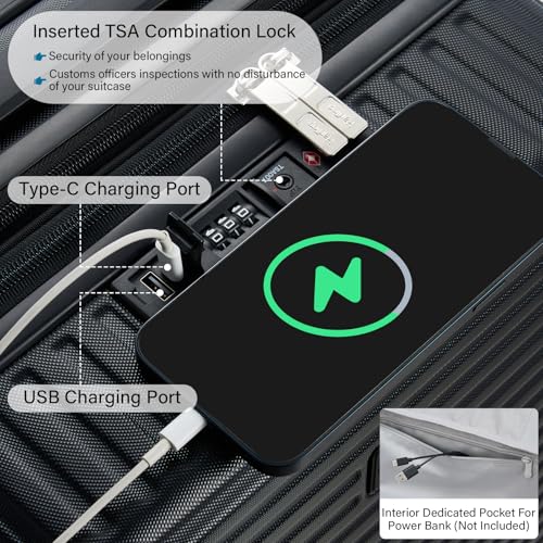 Hard Shell Suitcases Airline Approved 20 Inch Carry on Luggage with Wheels, Expandable Travel Luggage with Cup Holder Charger Built in Lightweight Small Suitcase, Black3